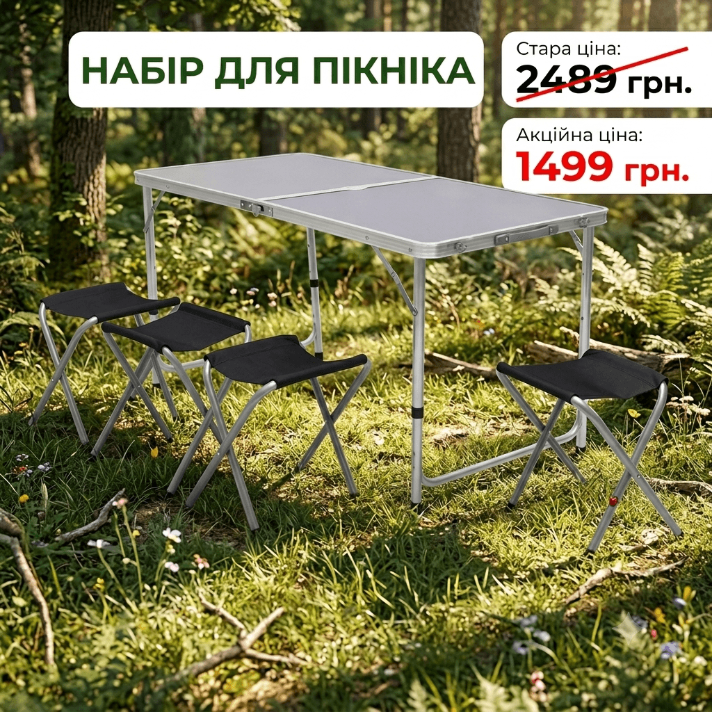 Стіл для пікніка розкладний зі стільцями 120*60*70/61/54 см, чорний - зображення 1