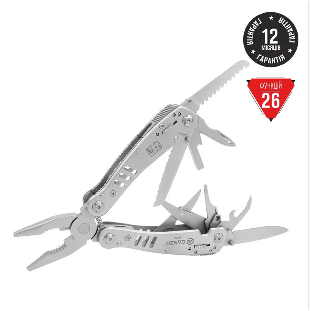 Мультитул Ganzo G301, (16.5 см) 26 функцій, сірий + біти та чохол - зображення 1
