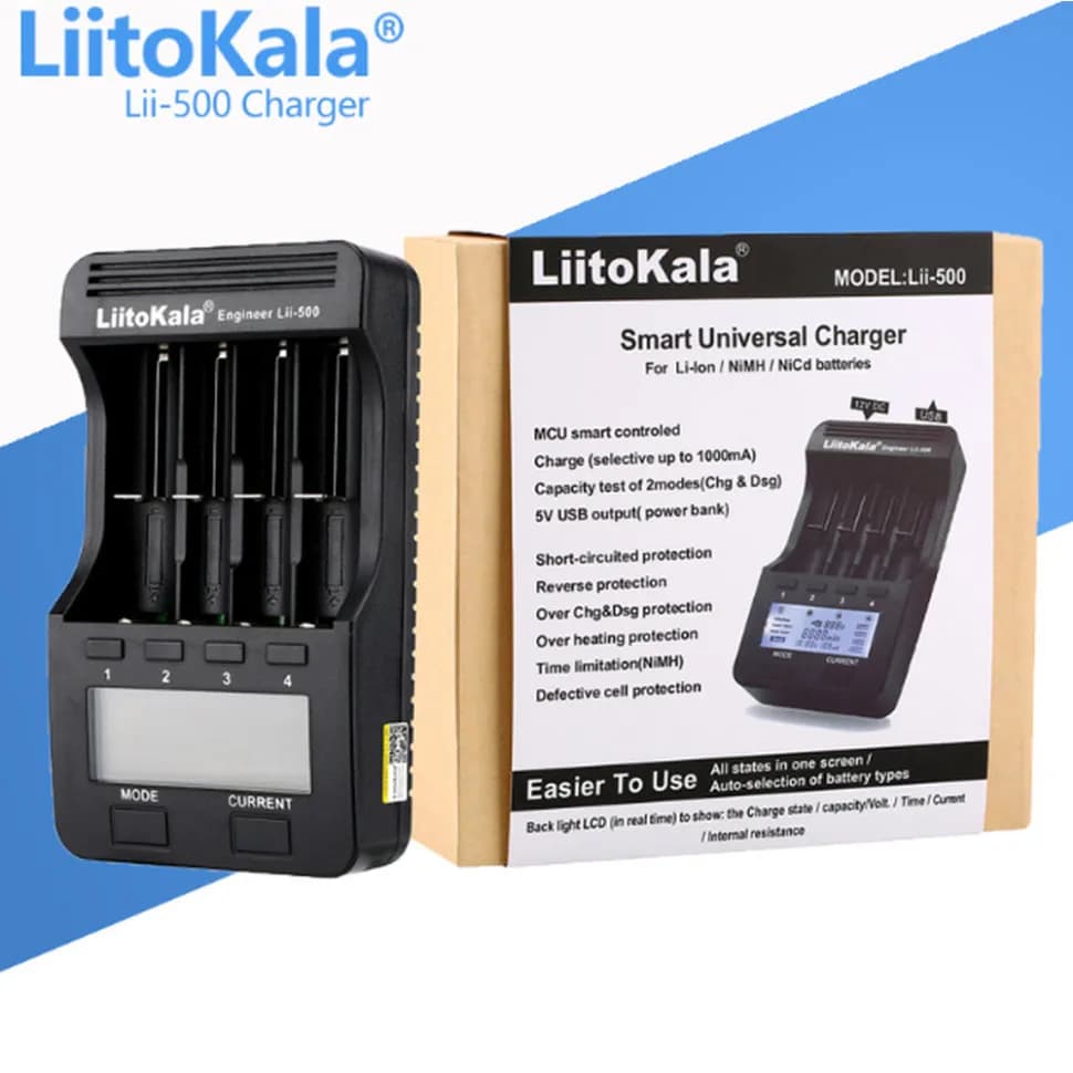 Зарядний пристрій Liitokala Lii-500, 4 канала, Ni-Mh/Li-ion, 220V/12V, Powerbank, Test, LCD, Box - зображення 1